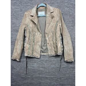 Wilsons Leather Jacket Womens Size M Beige Ruffle Lace Trim Button Front Lined